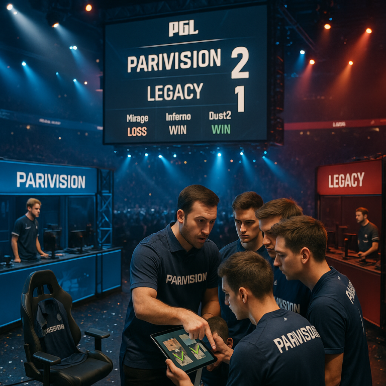 Photorealistic esports stage at PGL Bucharest 2026 showing PARIVISION defeating Legacy 2–1, with Mirage